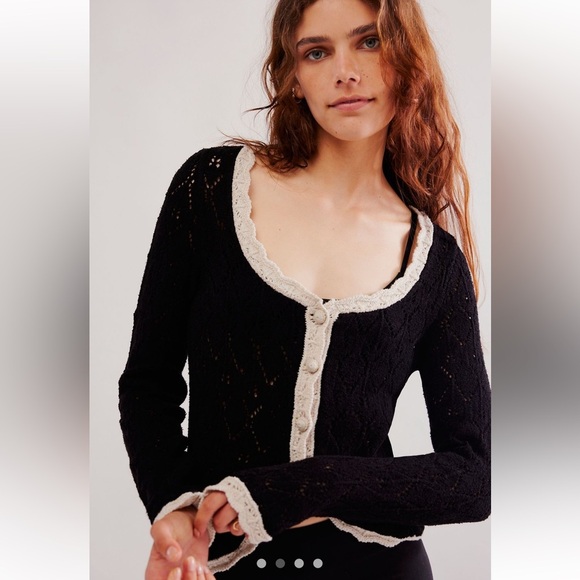 NWT Free People ♥️ Adelene Cardigan Size L Black Cream Combo $128 MSRP - Picture 2 of 11